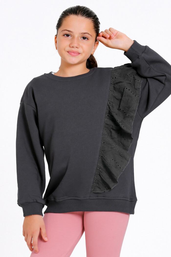 Kız Çocuk Antrasit Bisiklet Yaka Dantel Detaylı 4-12 Yaş Sweatshirt - 23177-1