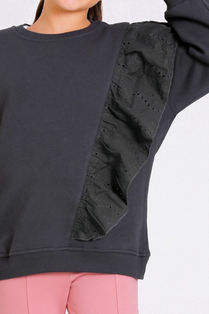 Kız Çocuk Antrasit Bisiklet Yaka Dantel Detaylı 4-12 Yaş Sweatshirt - 23177-1