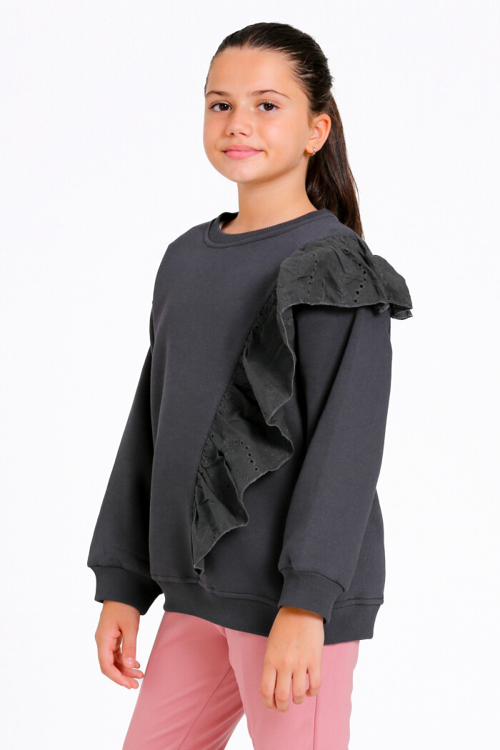 Kız Çocuk Antrasit Bisiklet Yaka Dantel Detaylı 4-12 Yaş Sweatshirt - 23177-1