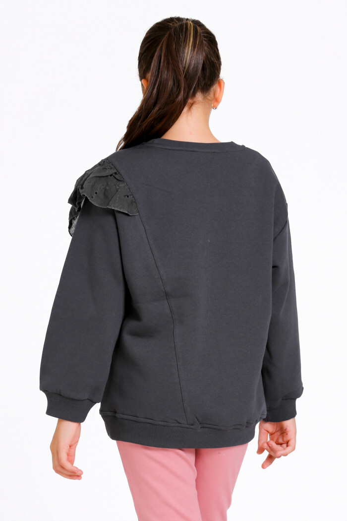 Kız Çocuk Antrasit Bisiklet Yaka Dantel Detaylı 4-12 Yaş Sweatshirt - 23177-1