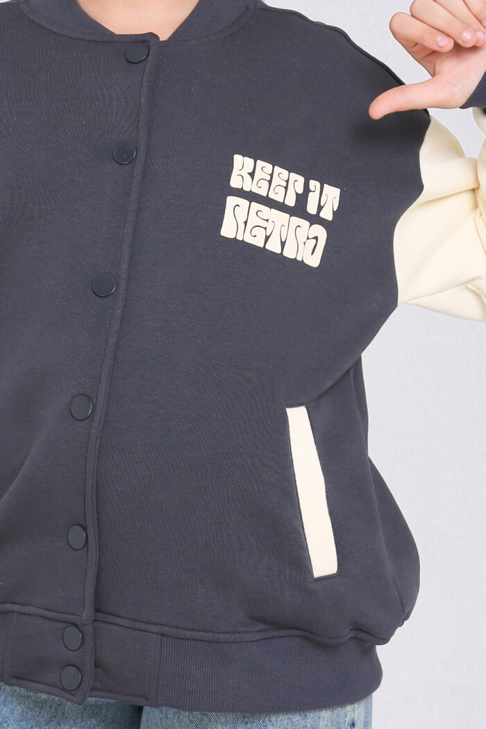 Kız Çocuk Antrasit Keer It Retro Baskı 8-12 Yaş Kolej Hırka - 23213-2