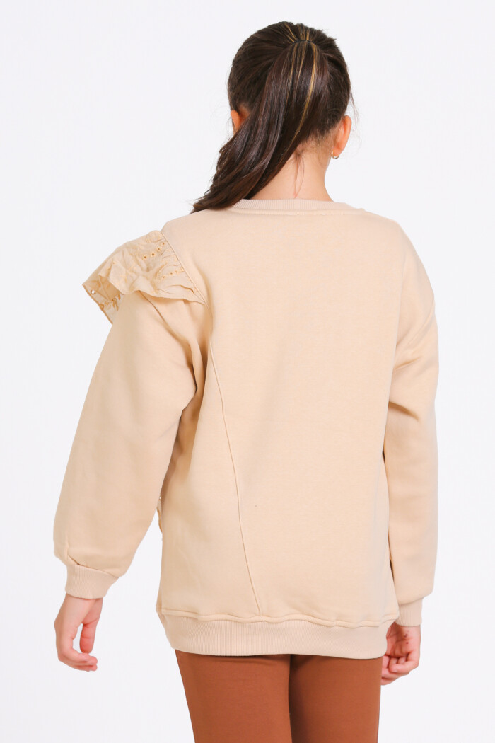 Kız Çocuk Bej Bisiklet Yaka Dantel Detaylı 4-12 Yaş Sweatshirt - 23177-4