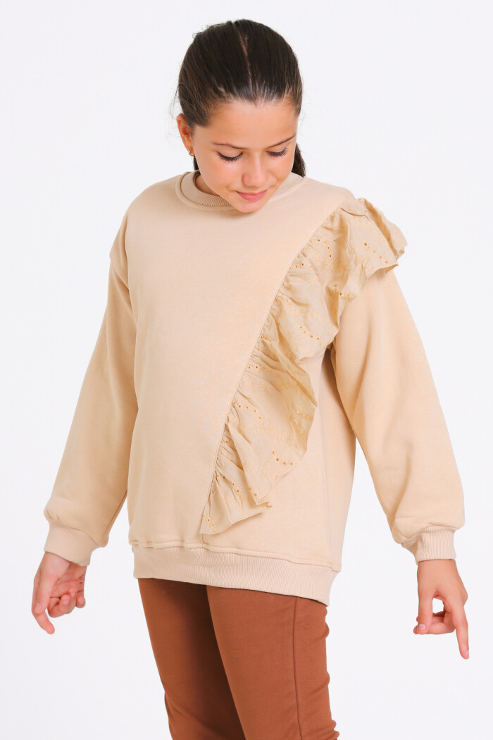 Kız Çocuk Bej Bisiklet Yaka Dantel Detaylı 4-12 Yaş Sweatshirt - 23177-4