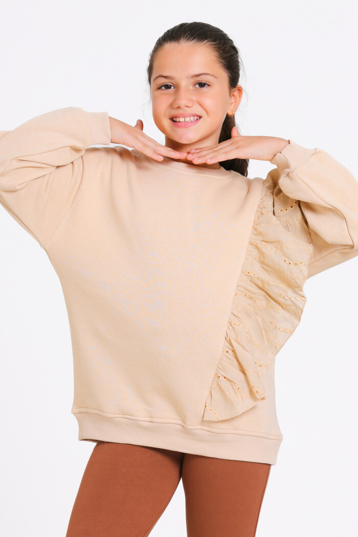 Kız Çocuk Bej Bisiklet Yaka Dantel Detaylı 4-12 Yaş Sweatshirt - 23177-4