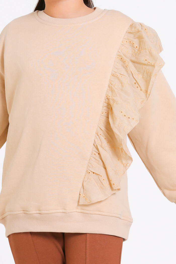 Kız Çocuk Bej Bisiklet Yaka Dantel Detaylı 4-12 Yaş Sweatshirt - 23177-4