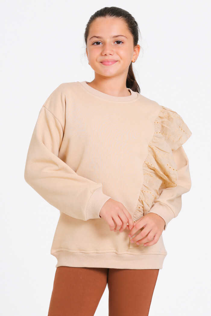 Kız Çocuk Bej Bisiklet Yaka Dantel Detaylı 4-12 Yaş Sweatshirt - 23177-4
