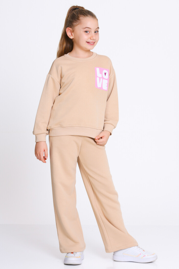 Kız Çocuk Bej Love Baskı 5-9 Yaş Takım - 23303-2