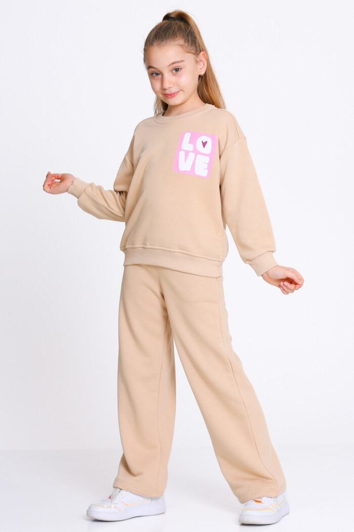 Kız Çocuk Bej Love Baskı 5-9 Yaş Takım - 23303-2