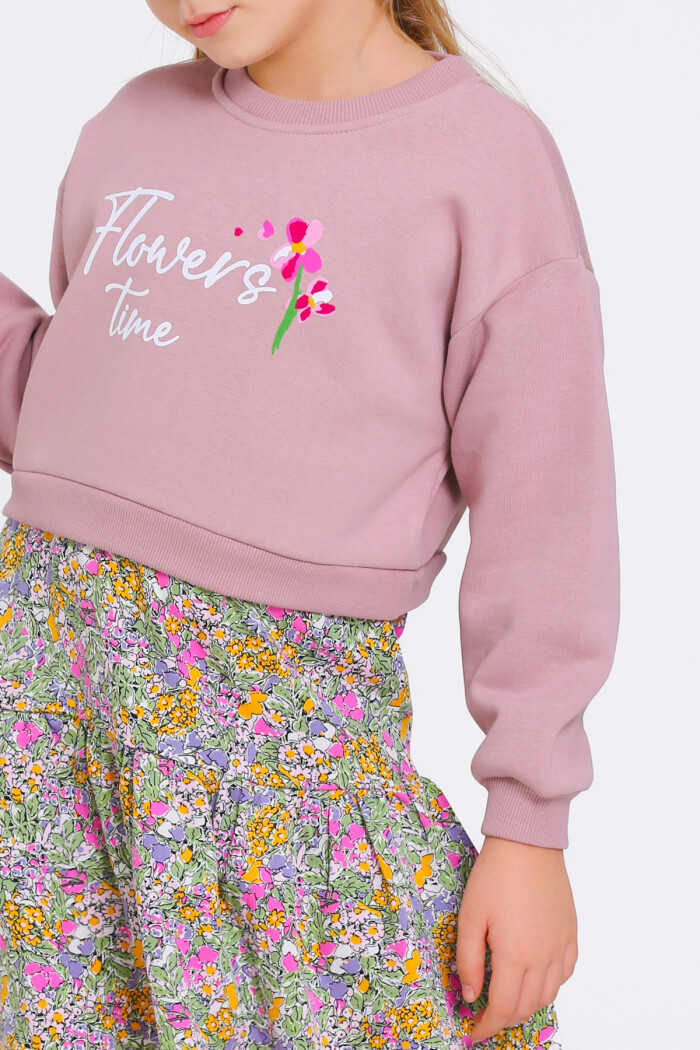 Kız Çocuk Gül Kurusu Flowers Time Baskı Çiçek Parçalı 5-9 Yaş Elbise - 23183-1