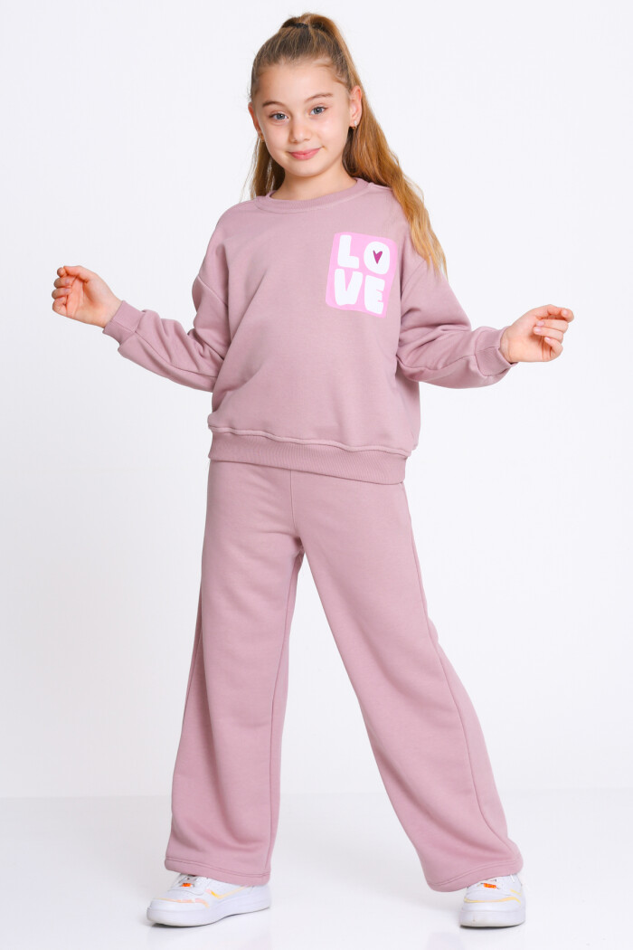 Kız Çocuk Gül Kurusu Love Baskı 5-9 Yaş Takım - 23303-3