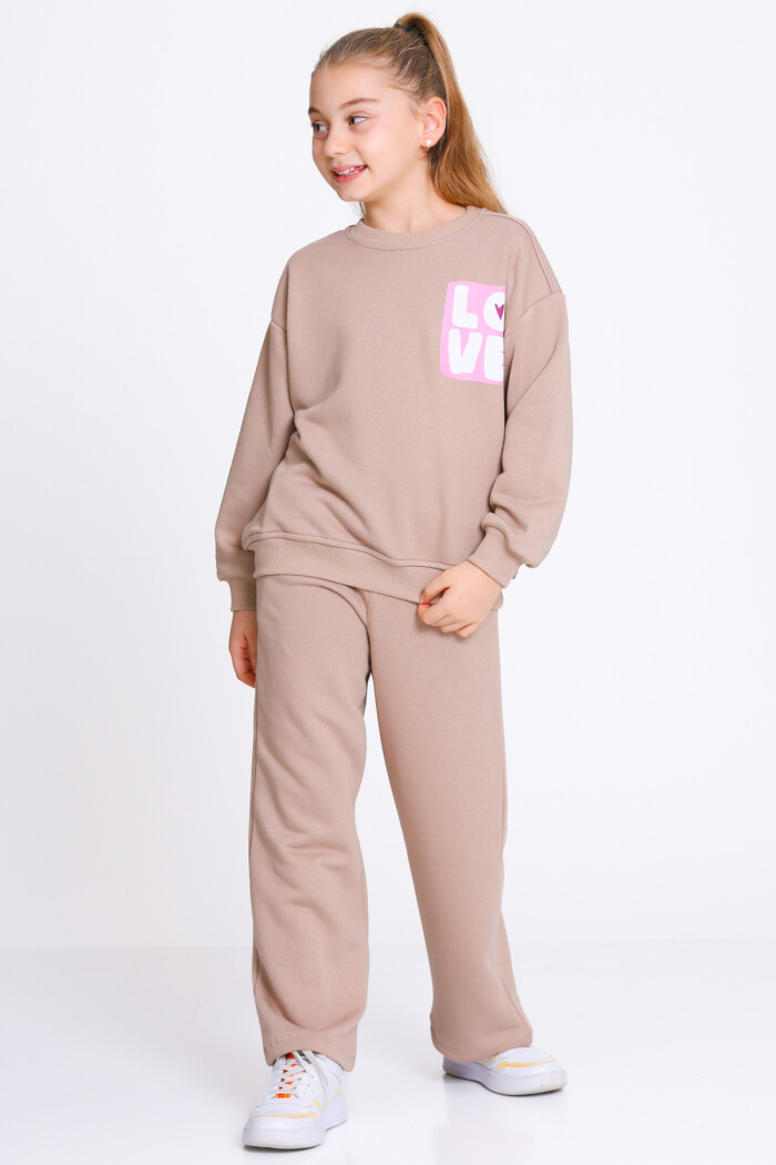 Kız Çocuk Kahve Love Baskı 5-9 Yaş Takım - 23303-1