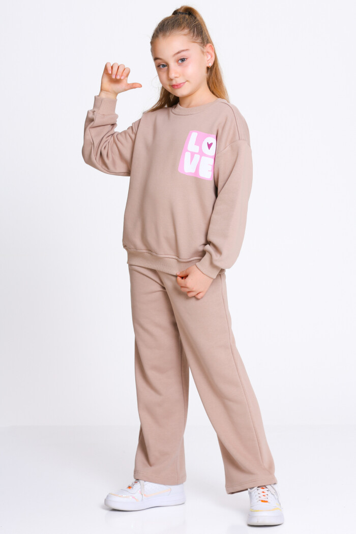 Kız Çocuk Kahve Love Baskı 5-9 Yaş Takım - 23303-1