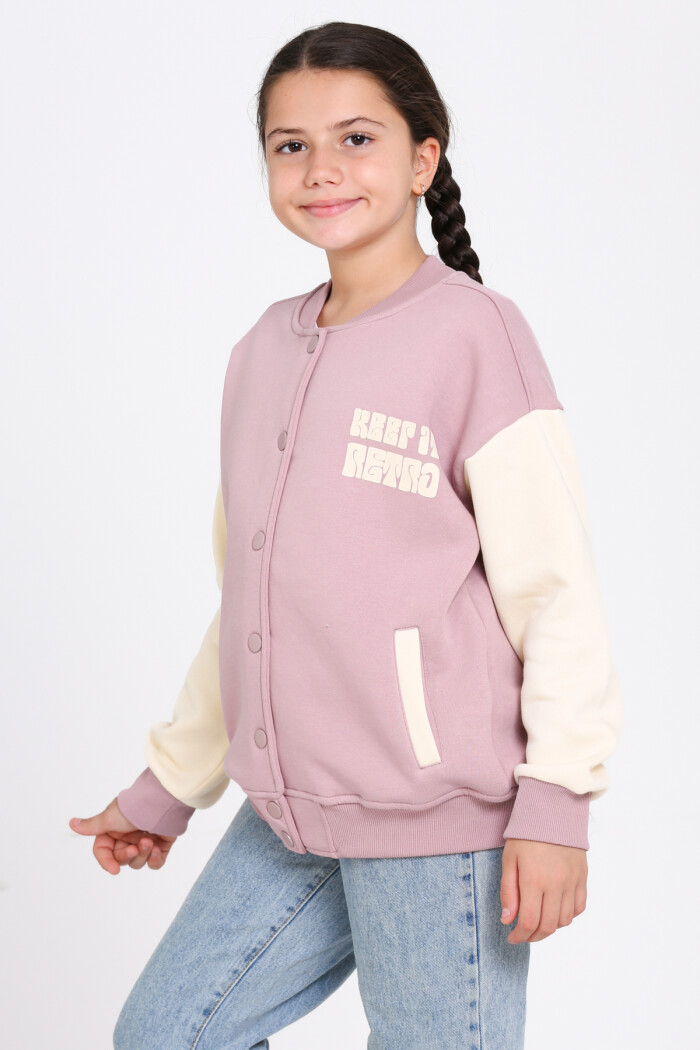 Kız Çocuk Gül Kurusu Keer It Retro Baskı 8-12 Yaş Kolej Hırka - 23213-5