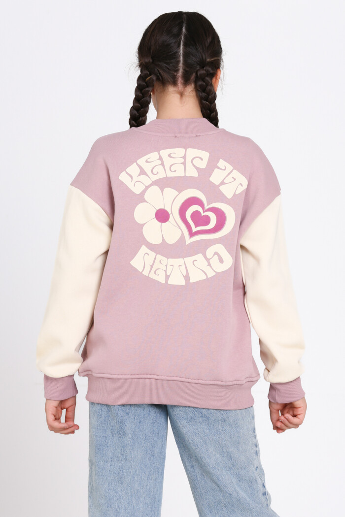 Kız Çocuk Gül Kurusu Keer It Retro Baskı 8-12 Yaş Kolej Hırka - 23213-5