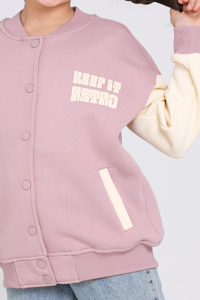 Kız Çocuk Gül Kurusu Keer It Retro Baskı 8-12 Yaş Kolej Hırka - 23213-5