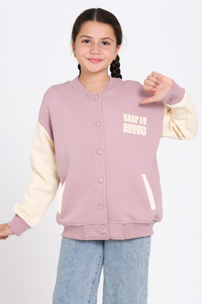 Kız Çocuk Gül Kurusu Keer It Retro Baskı 8-12 Yaş Kolej Hırka - 23213-5