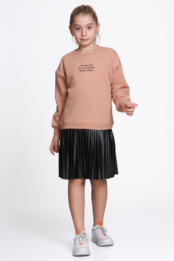 Kız Çocuk Kiremit Paragraf Baskılı Deri Parçalı 5-9 Yaş Elbise - 23181-3