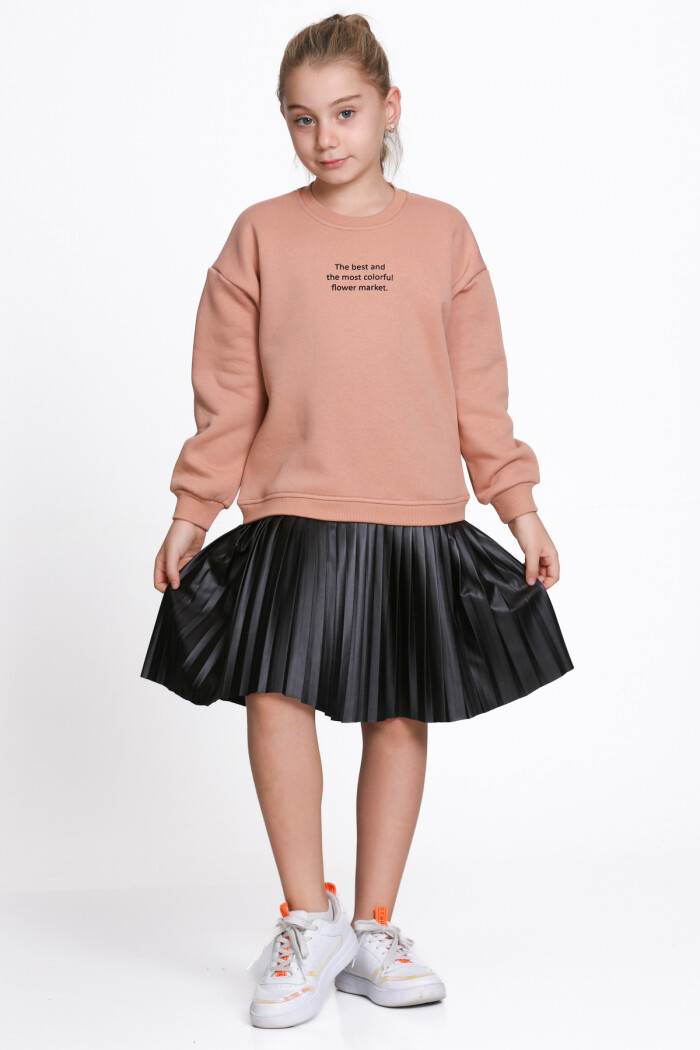 Kız Çocuk Kiremit Paragraf Baskılı Deri Parçalı 5-9 Yaş Elbise - 23181-3