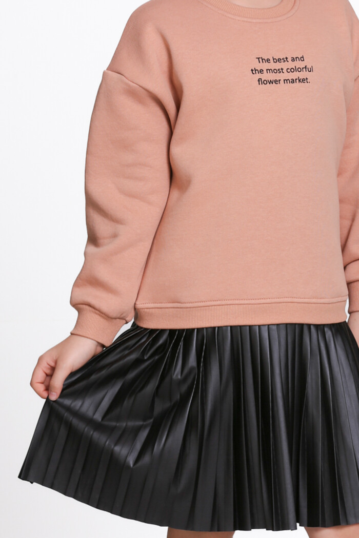 Kız Çocuk Kiremit Paragraf Baskılı Deri Parçalı 5-9 Yaş Elbise - 23181-3