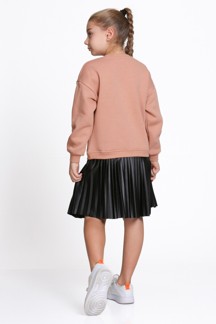 Kız Çocuk Kiremit Paragraf Baskılı Deri Parçalı 5-9 Yaş Elbise - 23181-3