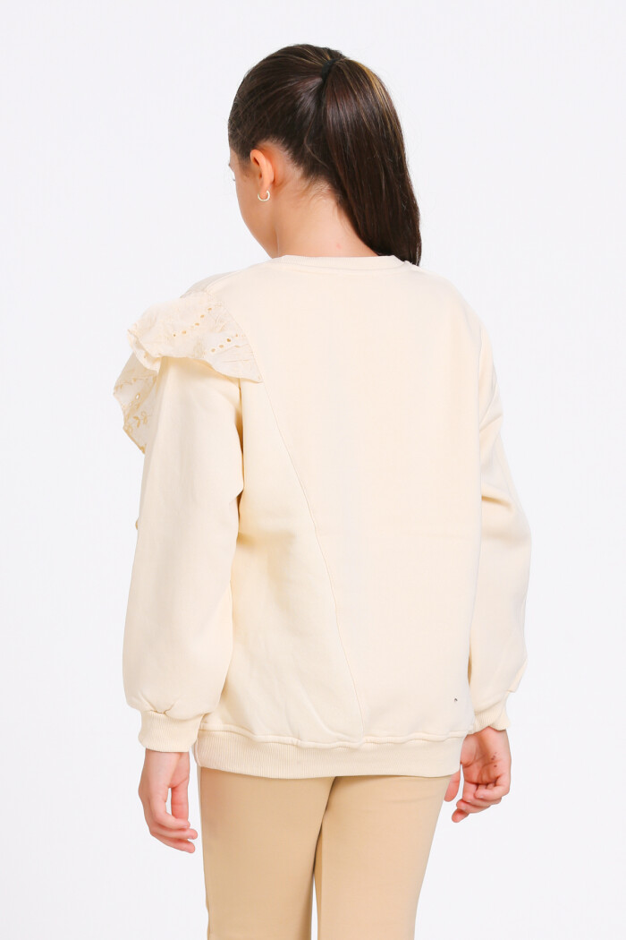 Kız Çocuk Krem Bisiklet Yaka Dantel Detaylı 4-12 Yaş Sweatshirt - 23177-2