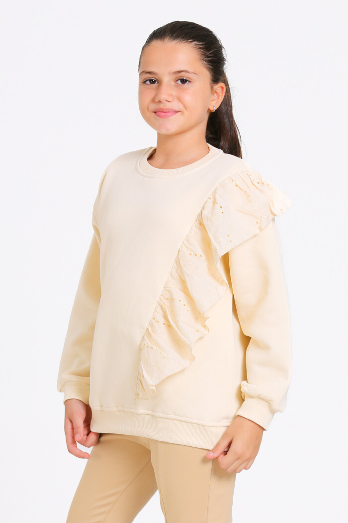 Kız Çocuk Krem Bisiklet Yaka Dantel Detaylı 4-12 Yaş Sweatshirt - 23177-2