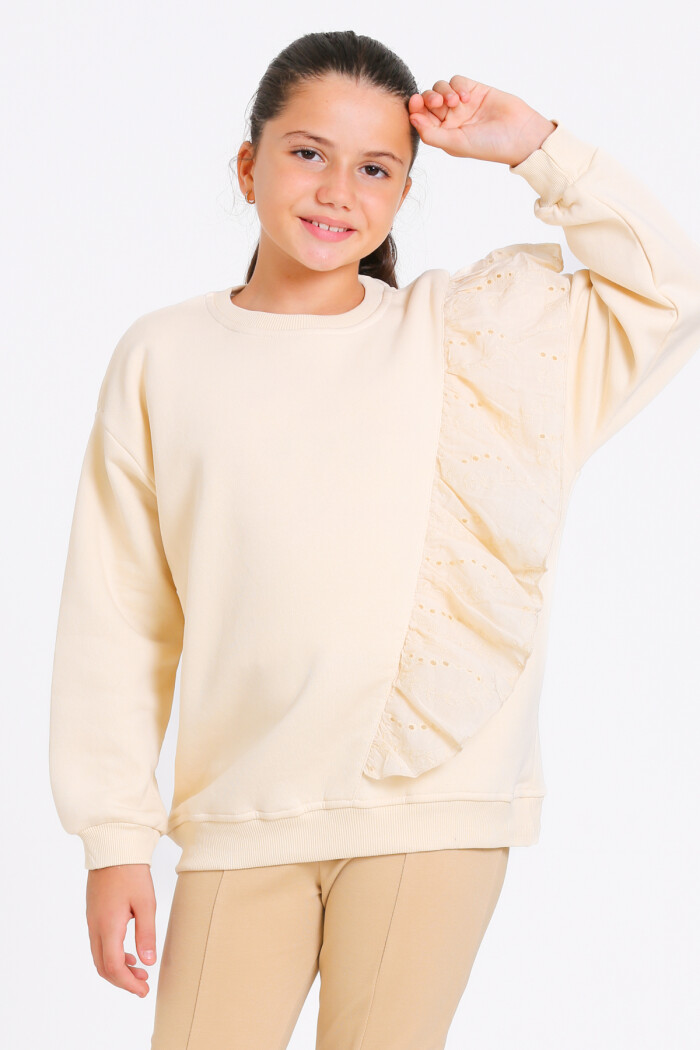 Kız Çocuk Krem Bisiklet Yaka Dantel Detaylı 4-12 Yaş Sweatshirt - 23177-2