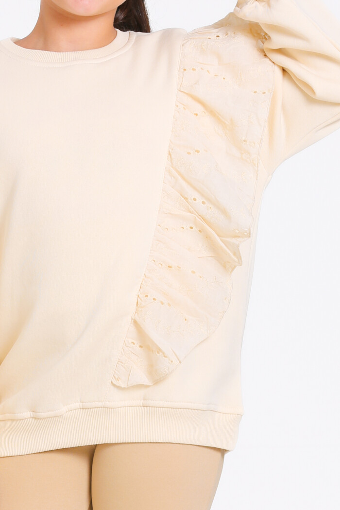 Kız Çocuk Krem Bisiklet Yaka Dantel Detaylı 4-12 Yaş Sweatshirt - 23177-2