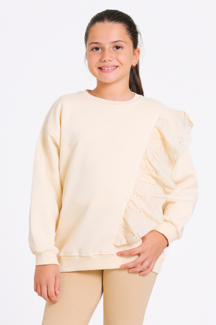 Kız Çocuk Krem Bisiklet Yaka Dantel Detaylı 4-12 Yaş Sweatshirt - 23177-2