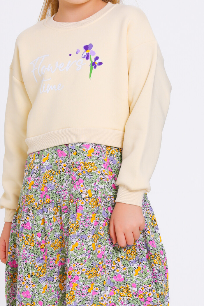 Kız Çocuk Krem Flowers Time Baskı Çiçek Parçalı 5-9 Yaş Elbise - 23183-3