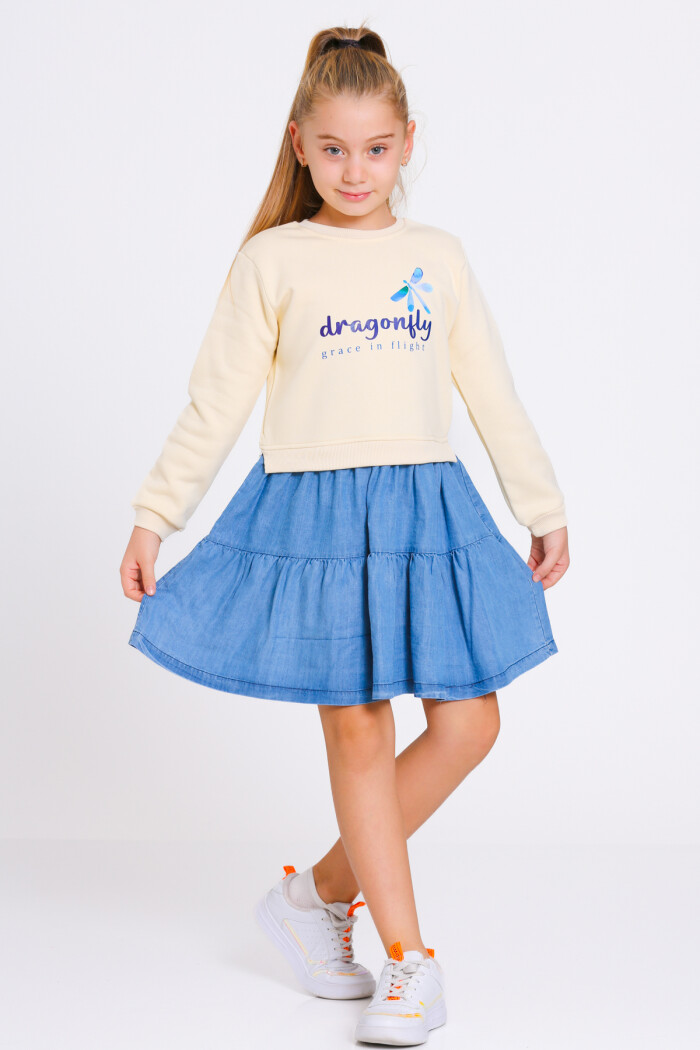 Kız Çocuk Krem Gragonfly Baskı Kot Parçalı 3-7 Yaş Elbise - 23184-3