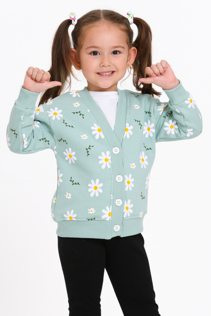 Kız Çocuk Mint Yeşili Papatya Baskı 1-5 Yaş Hırka - 23206-1