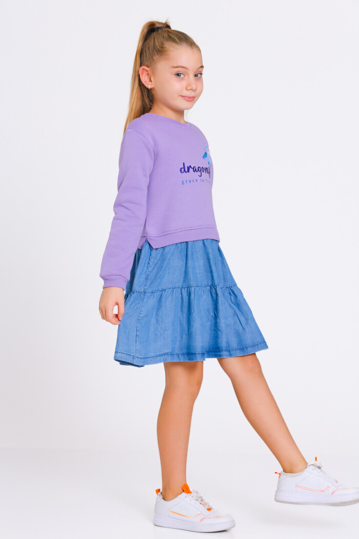 Kız Çocuk Mor Gragonfly Baskı Kot Parçalı 3-7 Yaş Elbise - 23184-1