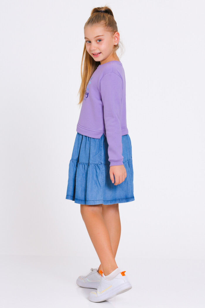 Kız Çocuk Mor Gragonfly Baskı Kot Parçalı 3-7 Yaş Elbise - 23184-1