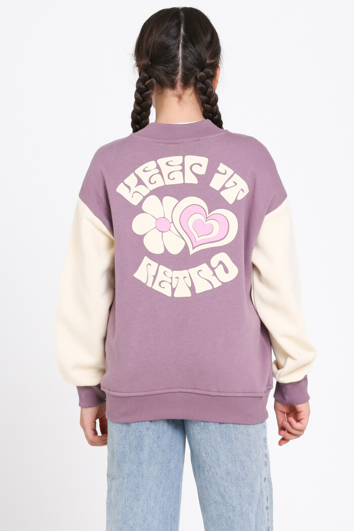 Kız Çocuk Mürdüm Keer It Retro Baskı 8-12 Yaş Kolej Hırka - 23213-3