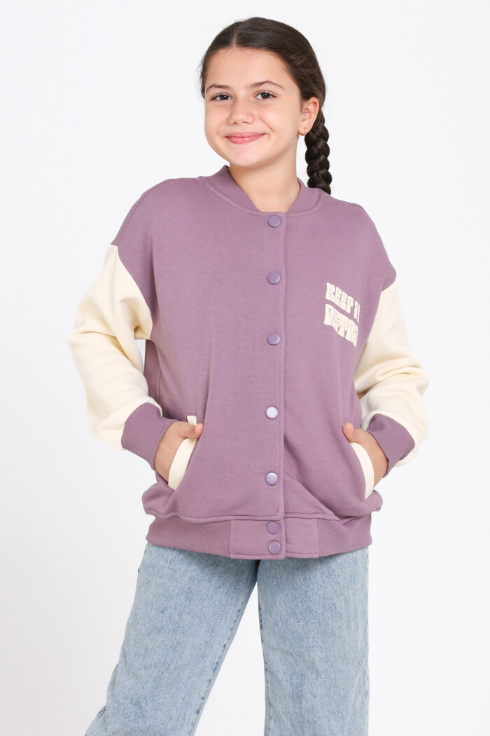 Kız Çocuk Mürdüm Keer It Retro Baskı 8-12 Yaş Kolej Hırka - 23213-3