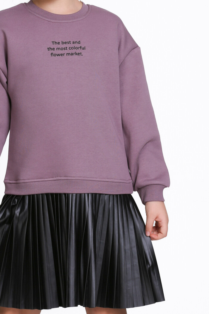 Kız Çocuk Mürdüm Paragraf Baskılı Deri Parçalı 5-9 Yaş Elbise - 23181-4