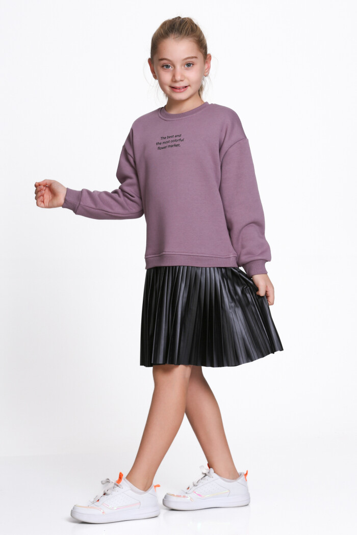 Kız Çocuk Mürdüm Paragraf Baskılı Deri Parçalı 5-9 Yaş Elbise - 23181-4