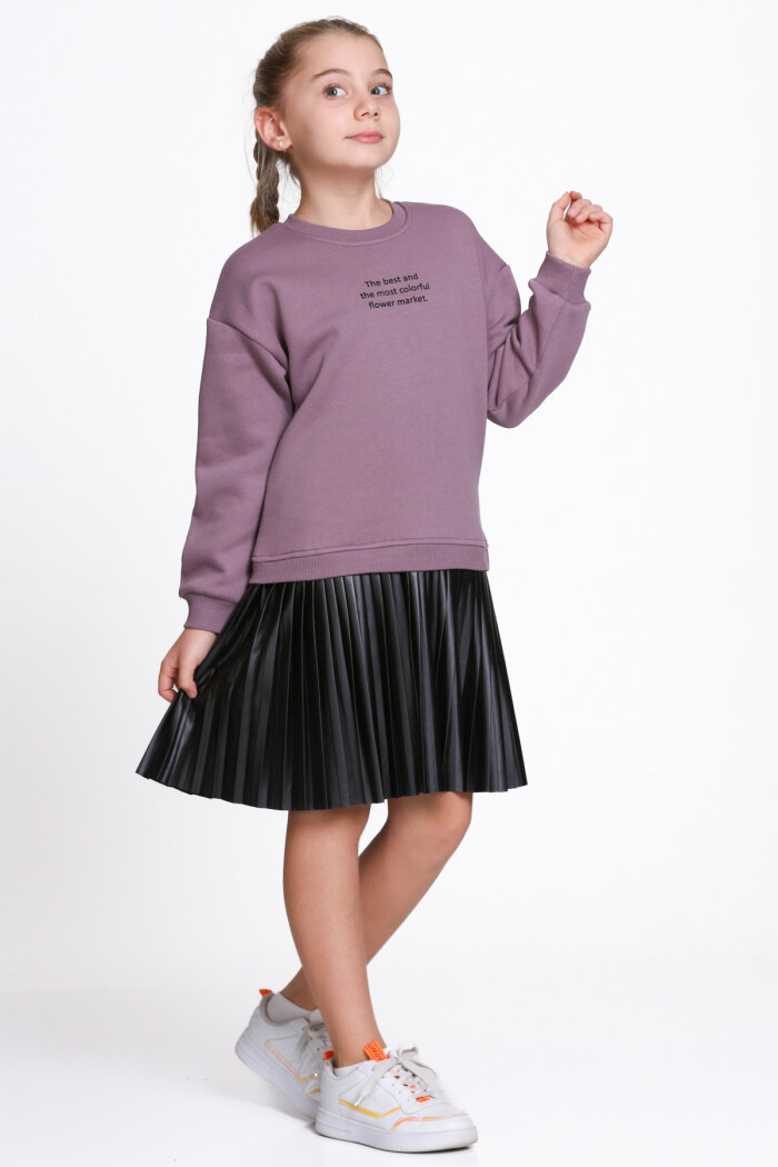 Kız Çocuk Mürdüm Paragraf Baskılı Deri Parçalı 5-9 Yaş Elbise - 23181-4