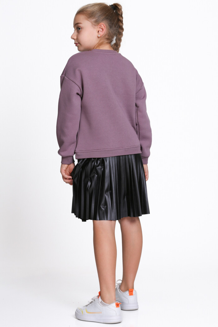 Kız Çocuk Mürdüm Paragraf Baskılı Deri Parçalı 5-9 Yaş Elbise - 23181-4