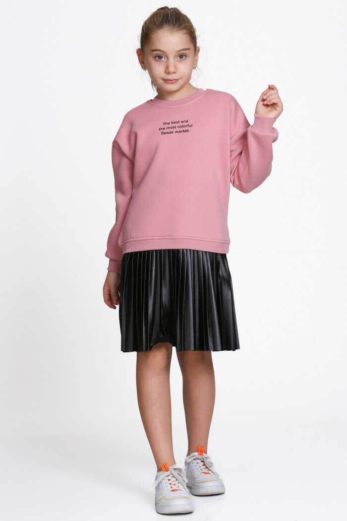 Kız Çocuk Nar Çiçeği Paragraf Baskılı Deri Parçalı 5-9 Yaş Elbise - 23181-2