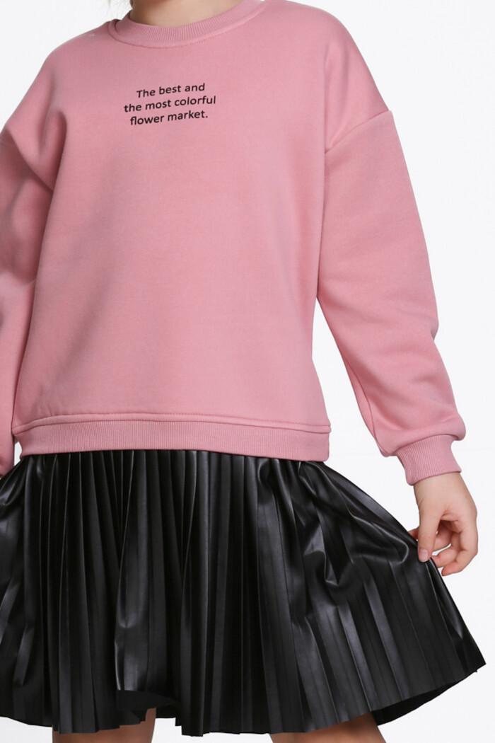 Kız Çocuk Nar Çiçeği Paragraf Baskılı Deri Parçalı 5-9 Yaş Elbise - 23181-2