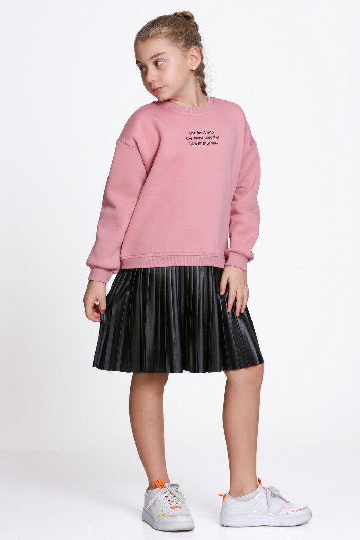 Kız Çocuk Nar Çiçeği Paragraf Baskılı Deri Parçalı 5-9 Yaş Elbise - 23181-2