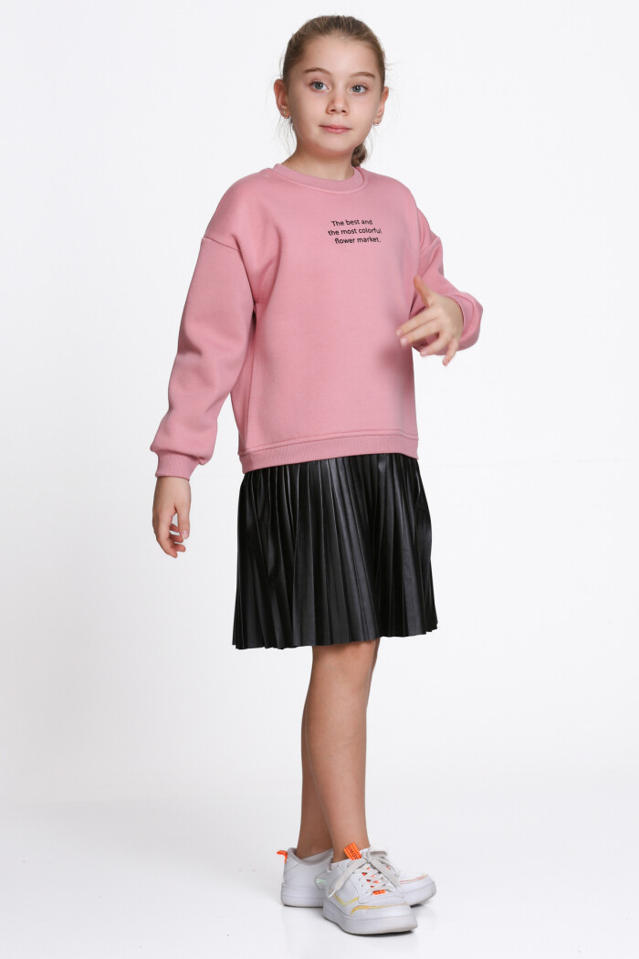 Kız Çocuk Nar Çiçeği Paragraf Baskılı Deri Parçalı 5-9 Yaş Elbise - 23181-2