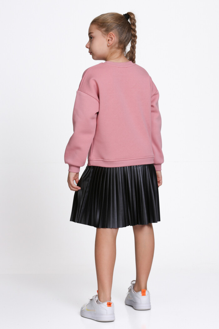 Kız Çocuk Nar Çiçeği Paragraf Baskılı Deri Parçalı 5-9 Yaş Elbise - 23181-2