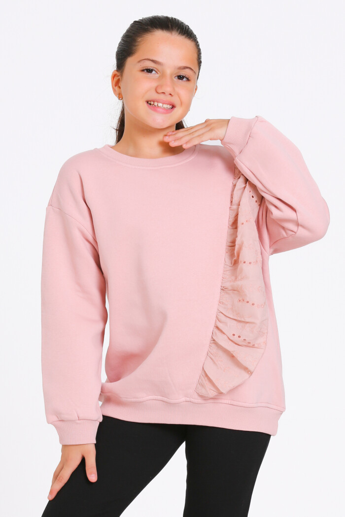 Kız Çocuk Pudra Bisiklet Yaka Dantel Detaylı 4-12 Yaş Sweatshirt - 23177-3