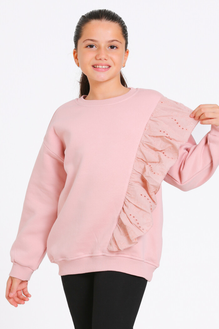 Kız Çocuk Pudra Bisiklet Yaka Dantel Detaylı 4-12 Yaş Sweatshirt - 23177-3