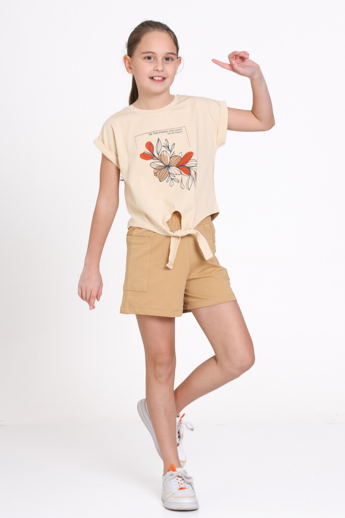 Bej Çiçek Baskı Önü Bağlamalı Şortlu 5-9 Yaş Takım - 2441-2
