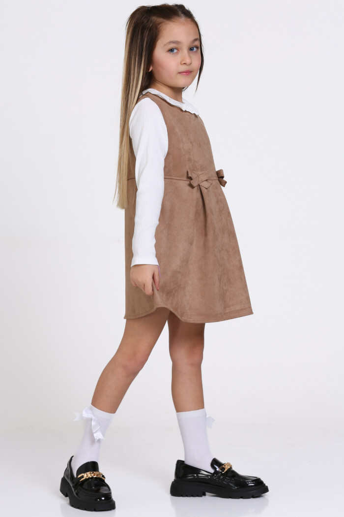 Açık Kahve Süet Badili 2li  3-7 Yaş Elbise - 23371-1