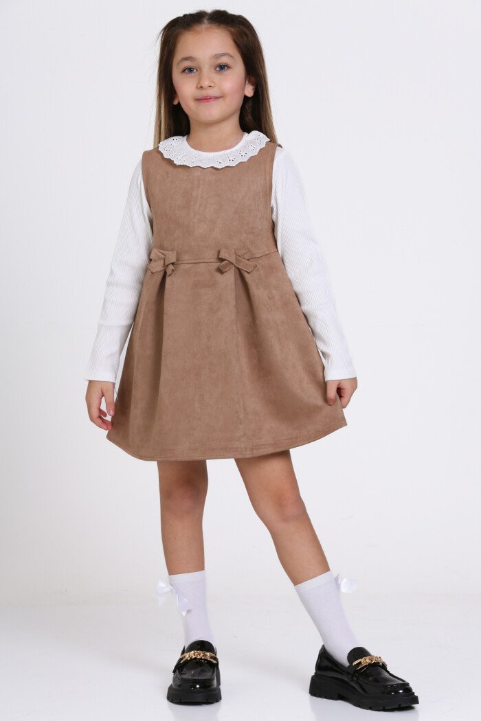 Açık Kahve Süet Badili 2li  3-7 Yaş Elbise - 23371-1